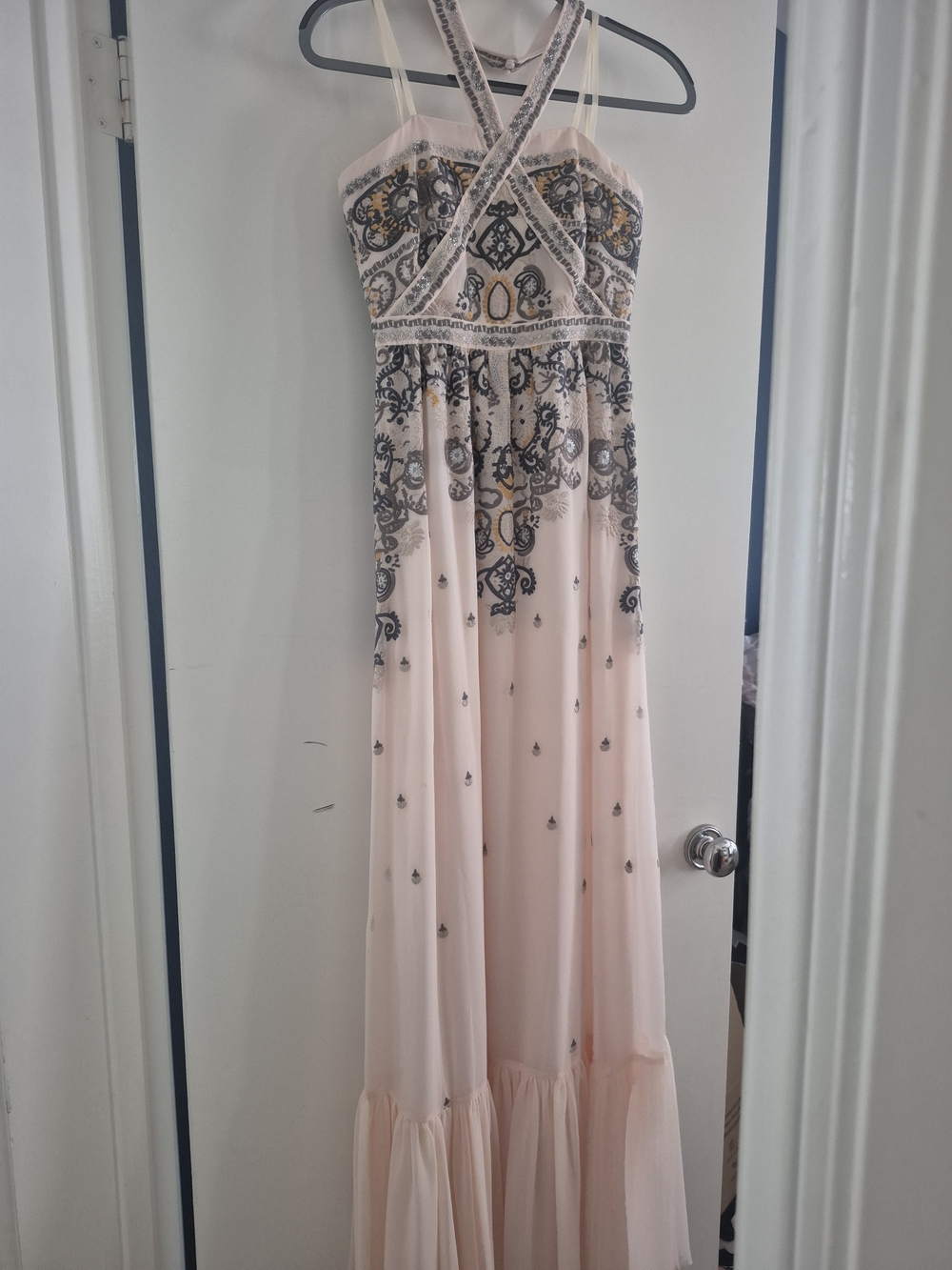BCBGMaxAzria Women's Pink Embroidered Crisscross Maxi Dress